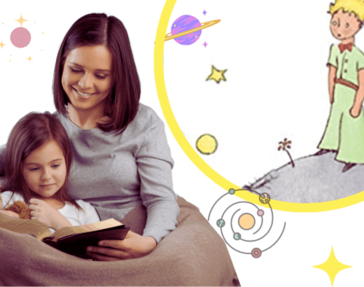 Mãe lendo o livro O Pequeno Príncipe para uma criança