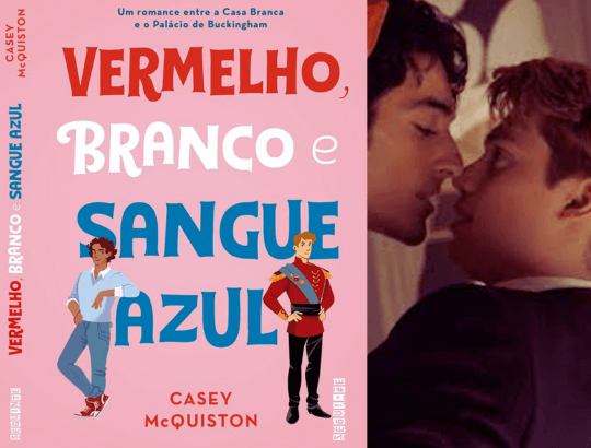 capa do livro vermelho branco e sangue azul + imagem do casal no filme