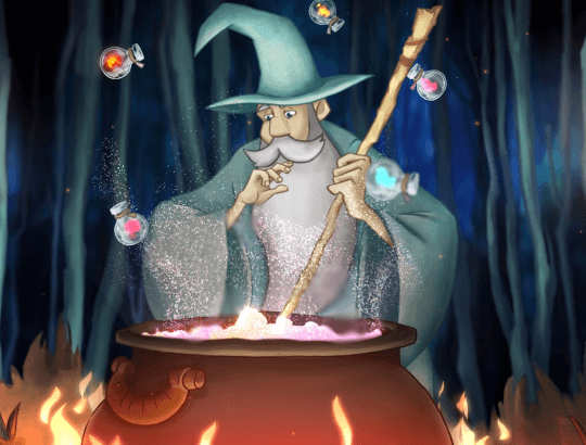 imagem art de bruxo de barba longa e cabelos brancos mexendo um caldeirão