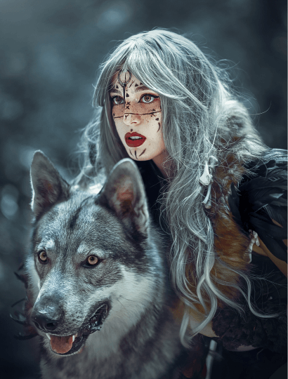 mulher de cabelo cinza ao lado de um lobo como descrito no livro Mulheres que correm com os lobos