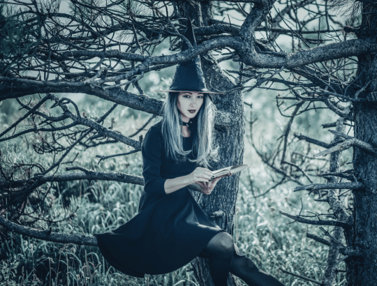 mulher fantasiada de personagens bruxas com um livro na mão