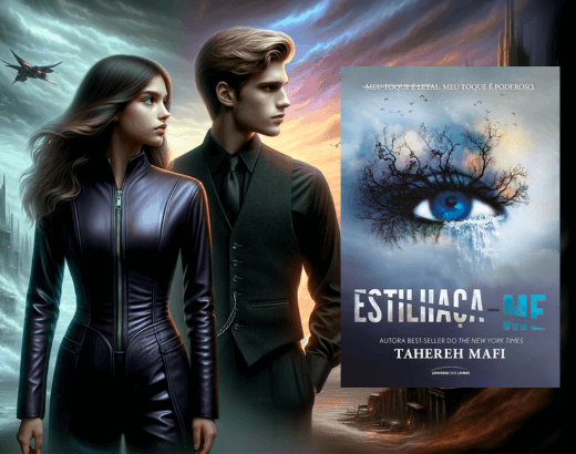 Juliette Ferrars e Aaron Warner em cenário distópico e a capa do primeiro book da ordem de leitura dos livros Estilhaça-me